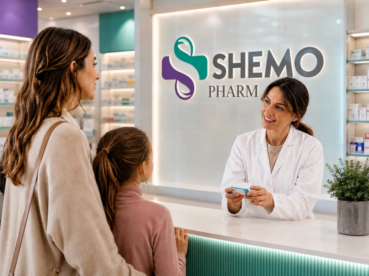 A SHEMO Pharm pharmacist advising a mother and her daughter at the counter