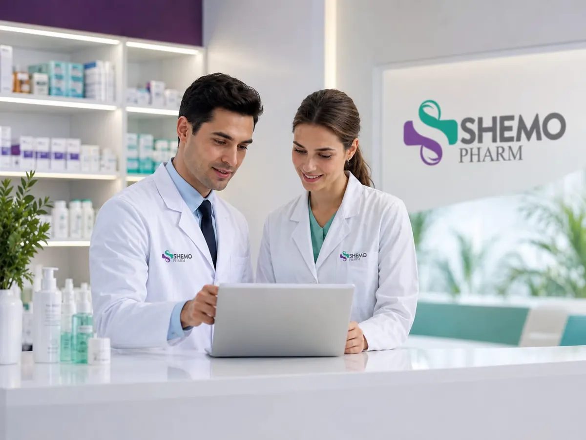 Two SHEMO Pharm pharmacists reviewing an order on a laptop behind the counter